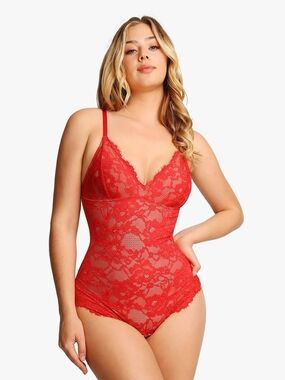 Popilush Shapewear Firm Control Smoothing Full Lace Thong Bodysuit - Red